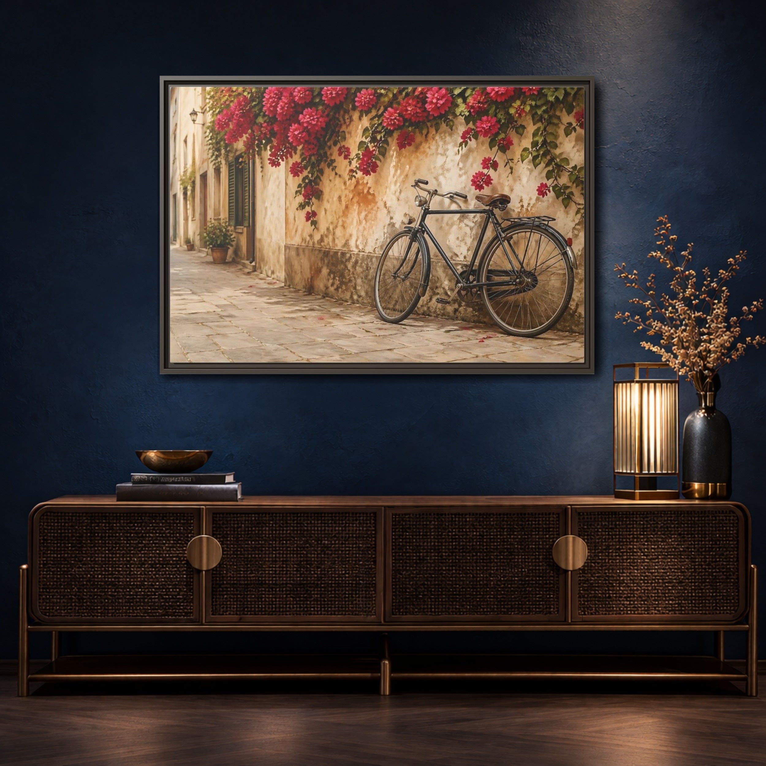 Mockup 4. Floral Bougainvillea Bicycle Pink Bougainvillea shown as stretched canvas wall art