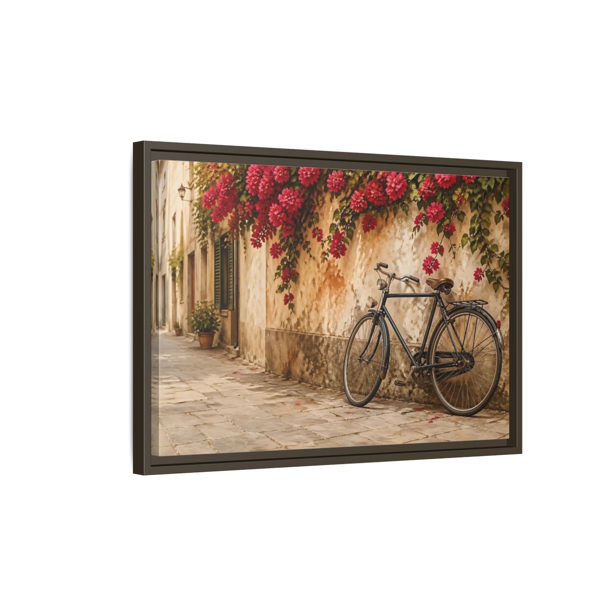 Side Mockup 2. Floral Bougainvillea Bicycle Pink Bougainvillea shown as stretched canvas wall art