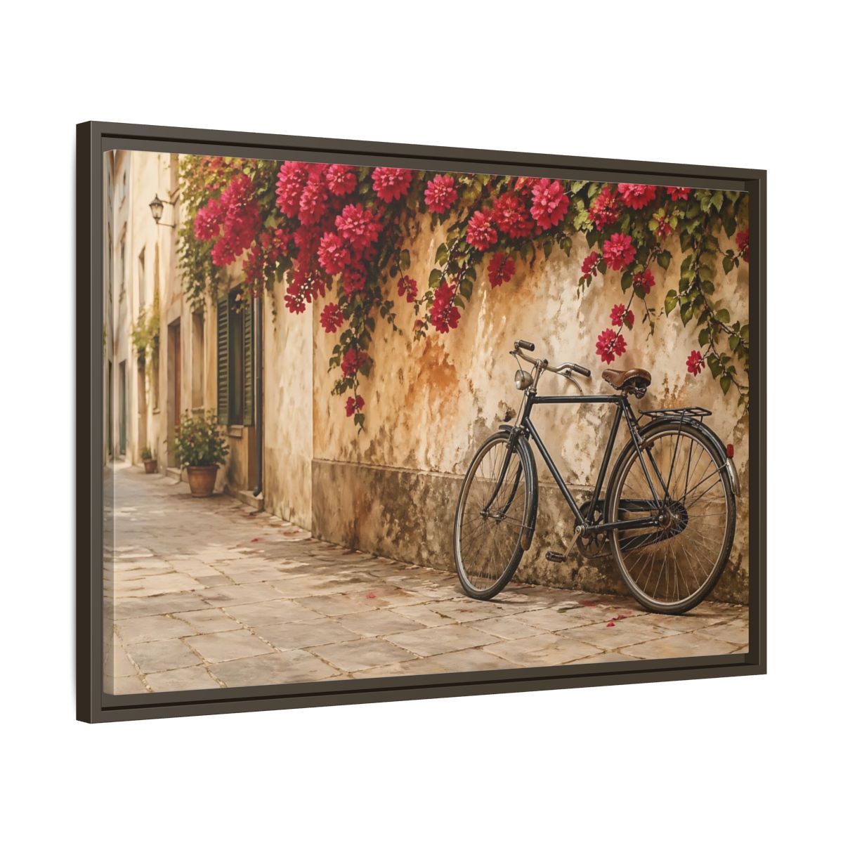 Side Mockup 11. Floral Bougainvillea Bicycle Pink Bougainvillea shown as stretched canvas wall art