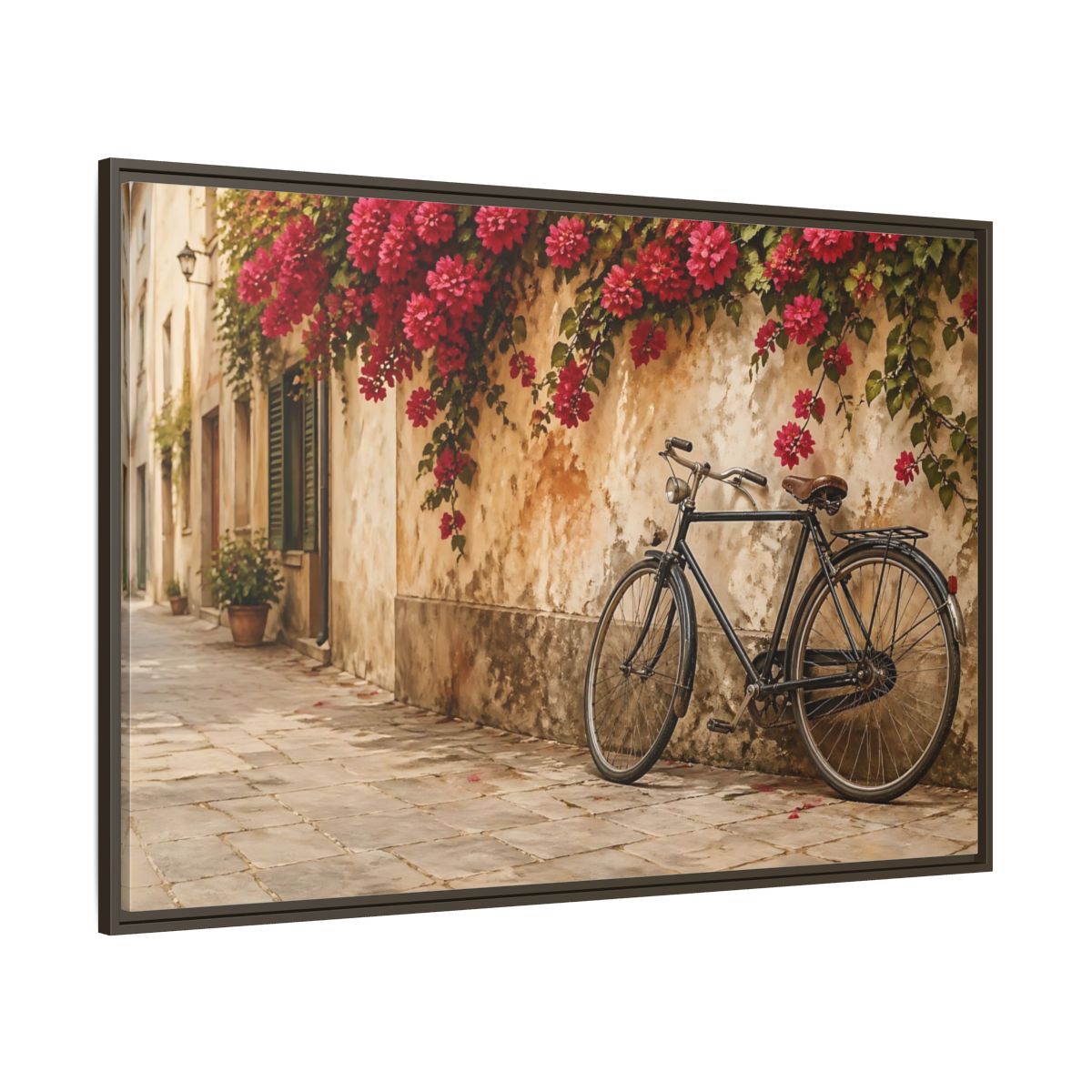 Side Mockup 8. Floral Bougainvillea Bicycle Pink Bougainvillea shown as stretched canvas wall art