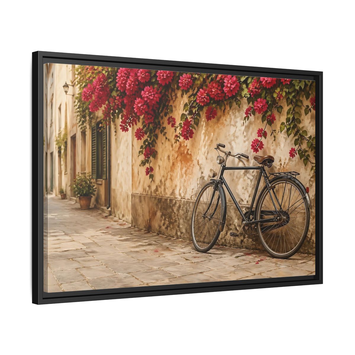Side Mockup 14. Floral Bougainvillea Bicycle Pink Bougainvillea shown as stretched canvas wall art