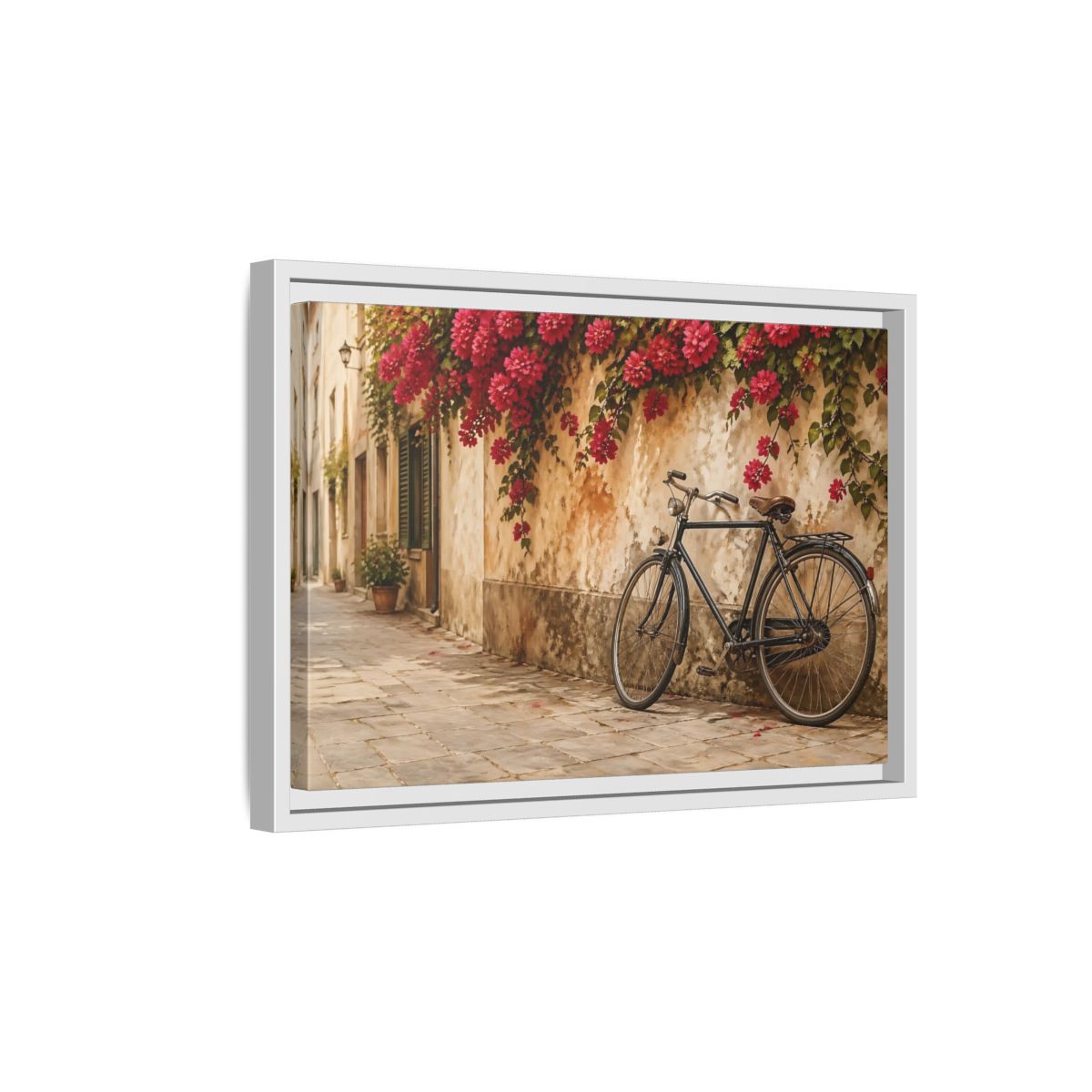 Side Mockup 4. Floral Bougainvillea Bicycle Pink Bougainvillea shown as stretched canvas wall art
