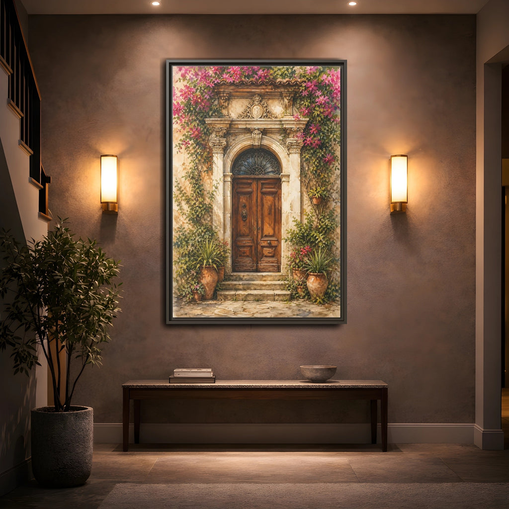Mockup 2. Floral Bougainvillea Doorway Pink Floral Doorway shown as stretched canvas wall art
