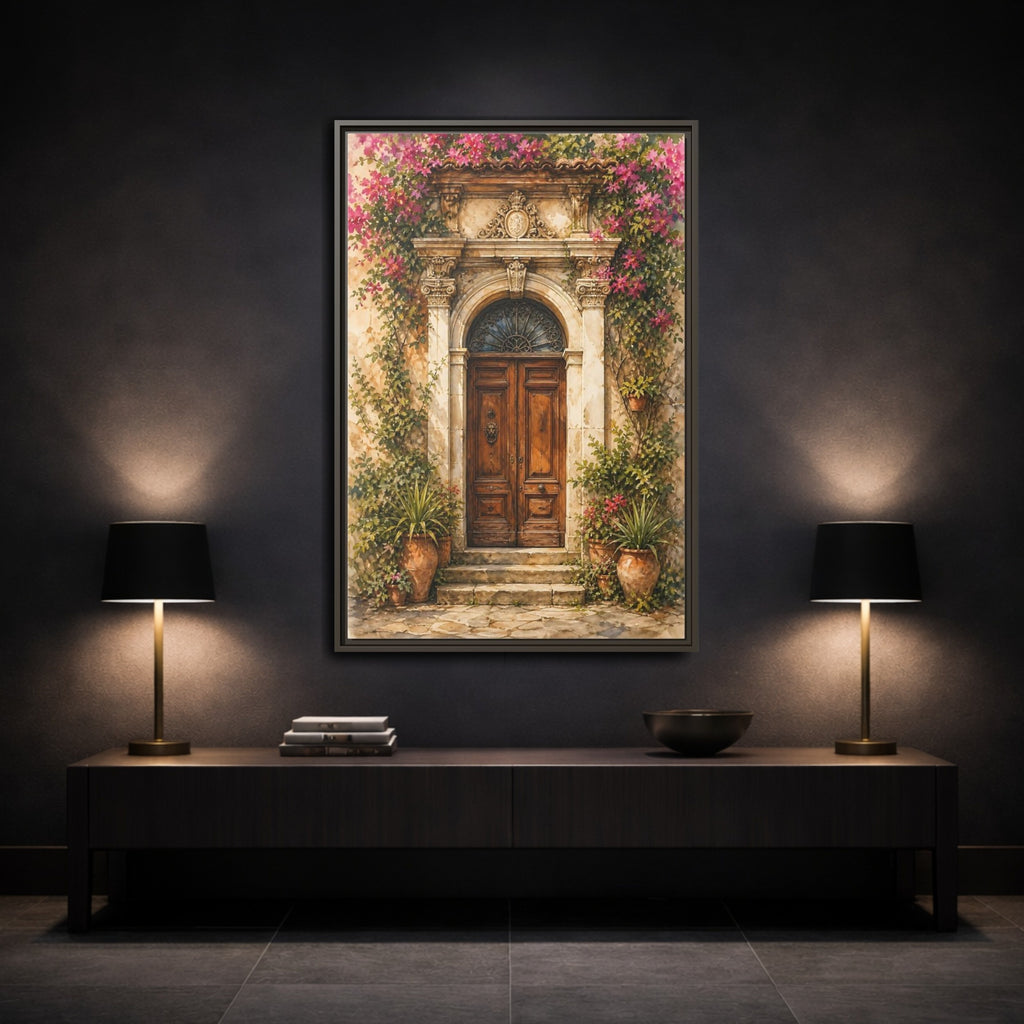 Mockup 3. Floral Bougainvillea Doorway Pink Floral Doorway shown as stretched canvas wall art