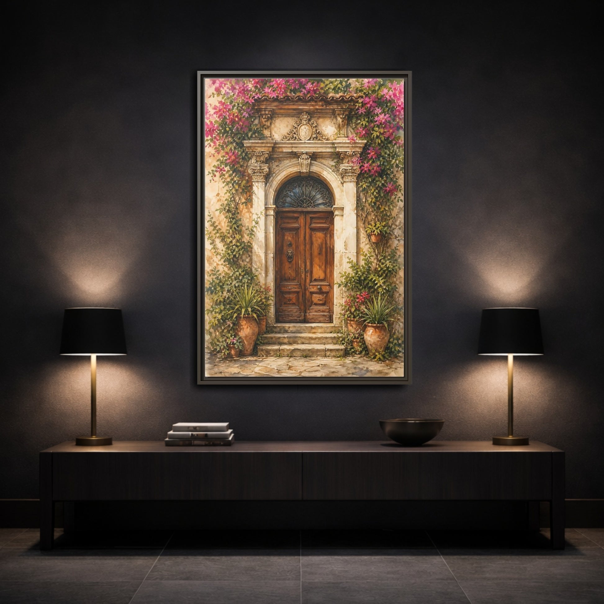 Mockup 3. Floral Bougainvillea Doorway Pink Floral Doorway shown as stretched canvas wall art