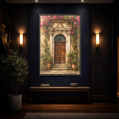 Mockup 4. Floral Bougainvillea Doorway Pink Floral Doorway shown as stretched canvas wall art