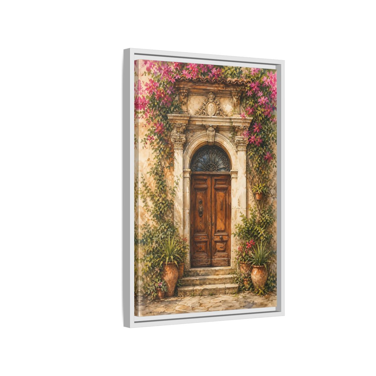 Side Mockup 1. Floral Bougainvillea Doorway Pink Floral Doorway shown as stretched canvas wall art