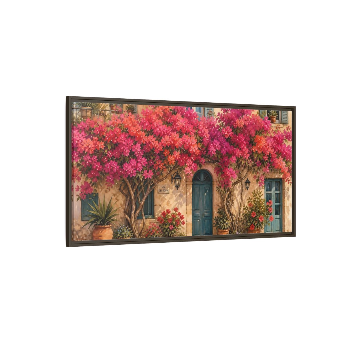 Side Mockup 4. Floral Bougainvillea Pink Bougainvillea Art shown as stretched canvas wall art