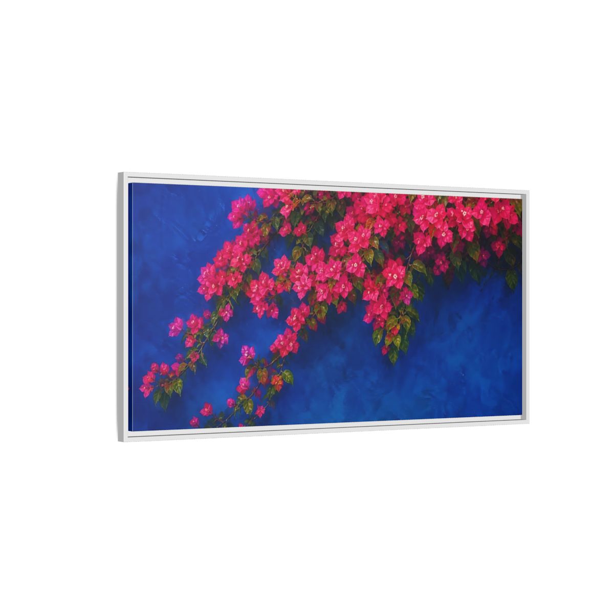Side Mockup 3. Floral Bougainvillea Pink Bougainvillea Blue shown as stretched canvas wall art
