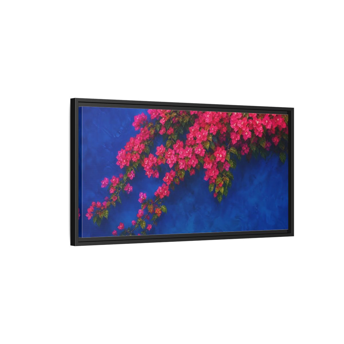 Side Mockup 2. Floral Bougainvillea Pink Bougainvillea Blue shown as stretched canvas wall art