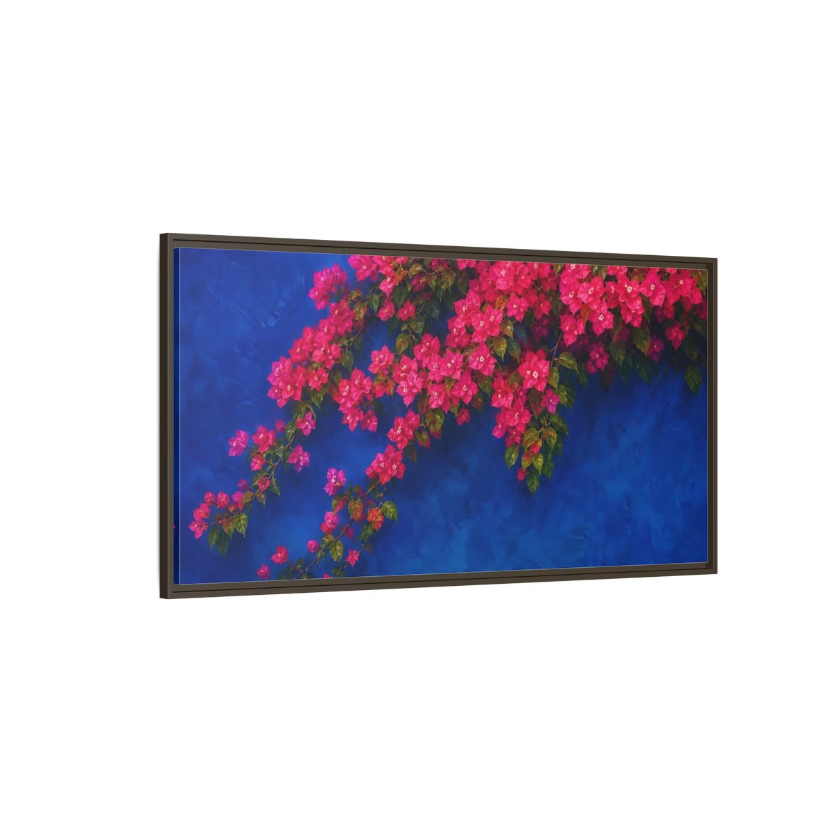 Side Mockup 4. Floral Bougainvillea Pink Bougainvillea Blue shown as stretched canvas wall art