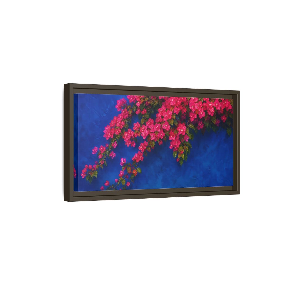 Side Mockup 7. Floral Bougainvillea Pink Bougainvillea Blue shown as stretched canvas wall art
