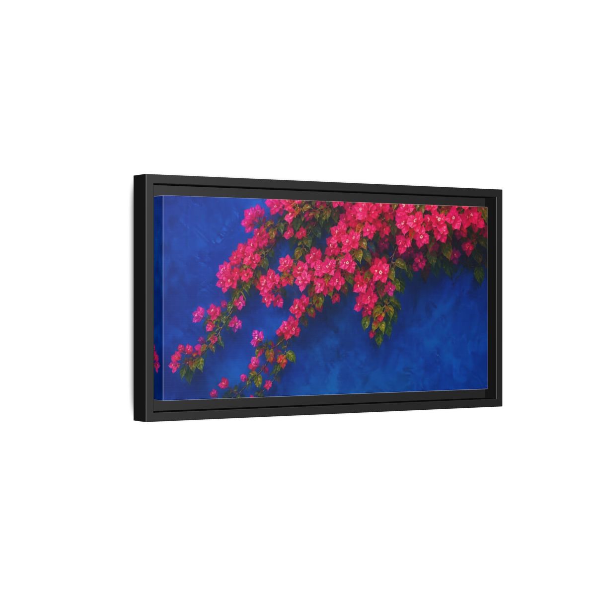 Side Mockup 8. Floral Bougainvillea Pink Bougainvillea Blue shown as stretched canvas wall art