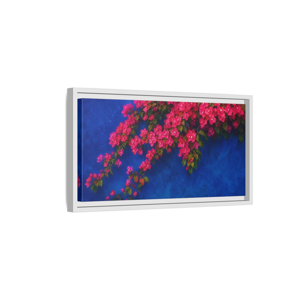 Side Mockup 6. Floral Bougainvillea Pink Bougainvillea Blue shown as stretched canvas wall art