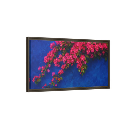 Main Mockup. Floral Bougainvillea Pink Bougainvillea Blue shown as stretched canvas wall art