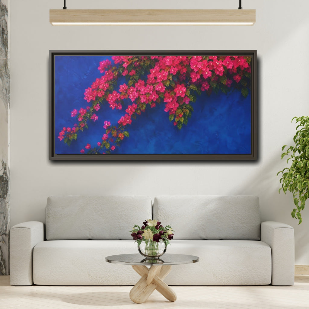 Mockup 2. Floral Bougainvillea Pink Bougainvillea Blue shown as stretched canvas wall art
