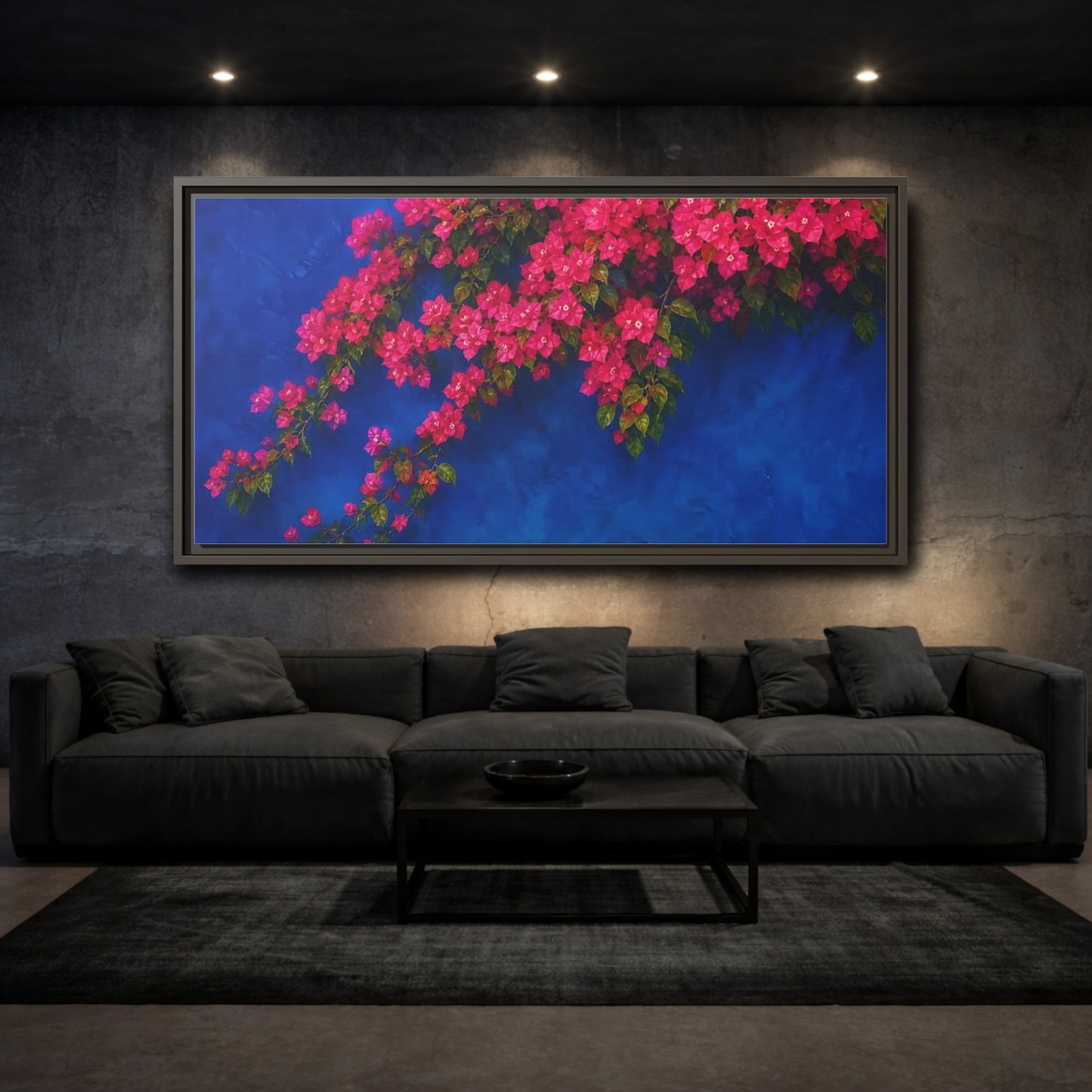 Mockup 3. Floral Bougainvillea Pink Bougainvillea Blue shown as stretched canvas wall art