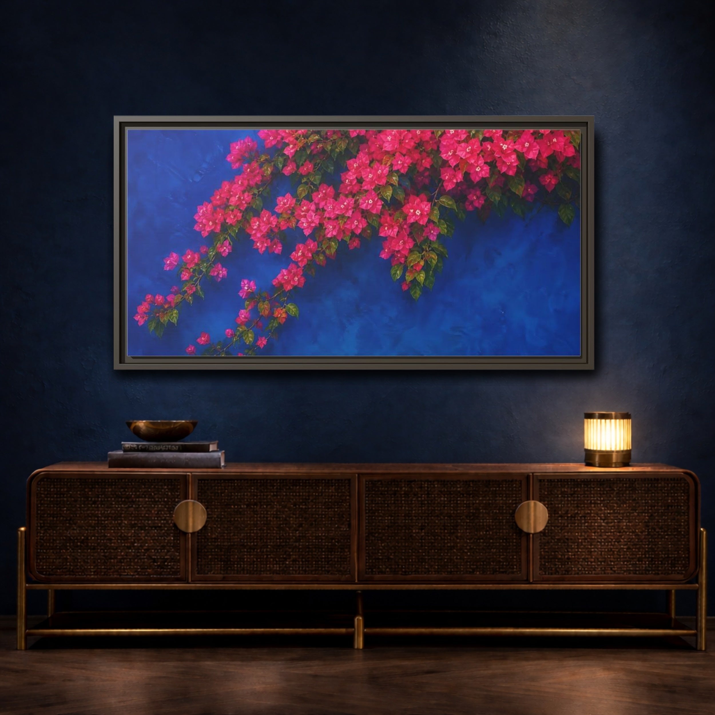 Mockup 4. Floral Bougainvillea Pink Bougainvillea Blue shown as stretched canvas wall art