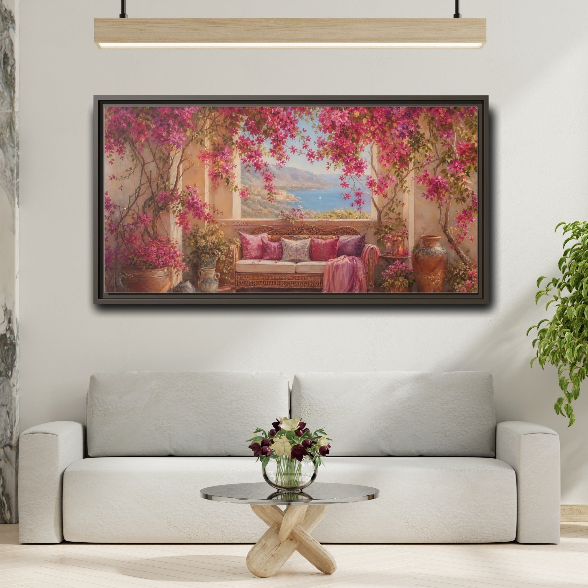 Mockup 2. Floral Bougainvillea Pink Bougainvillea shown as stretched canvas wall art