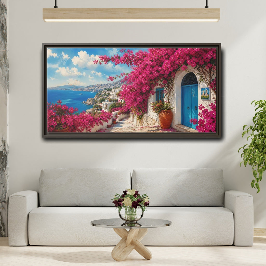 Mockup 2. Floral Bougainvillea Pink Bougainvillea shown as stretched canvas wall art
