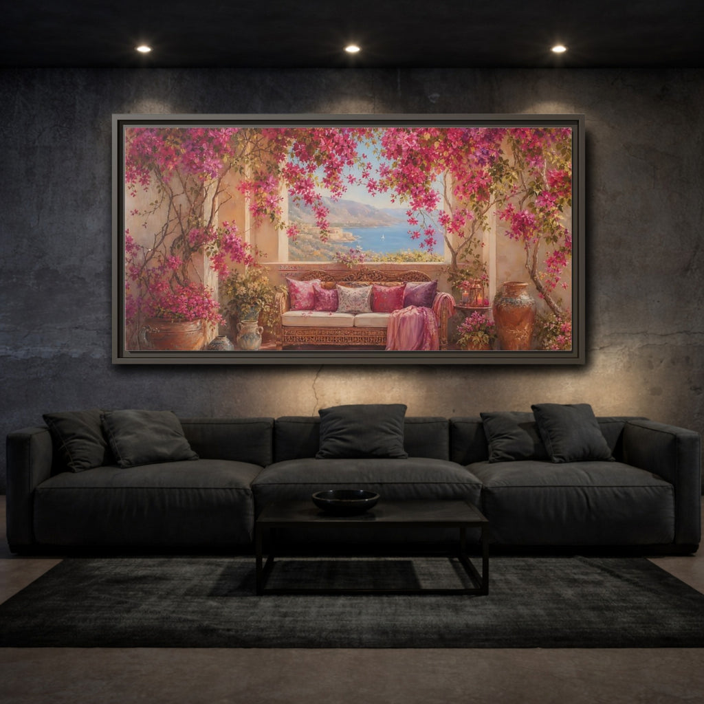 Mockup 3. Floral Bougainvillea Pink Bougainvillea shown as stretched canvas wall art