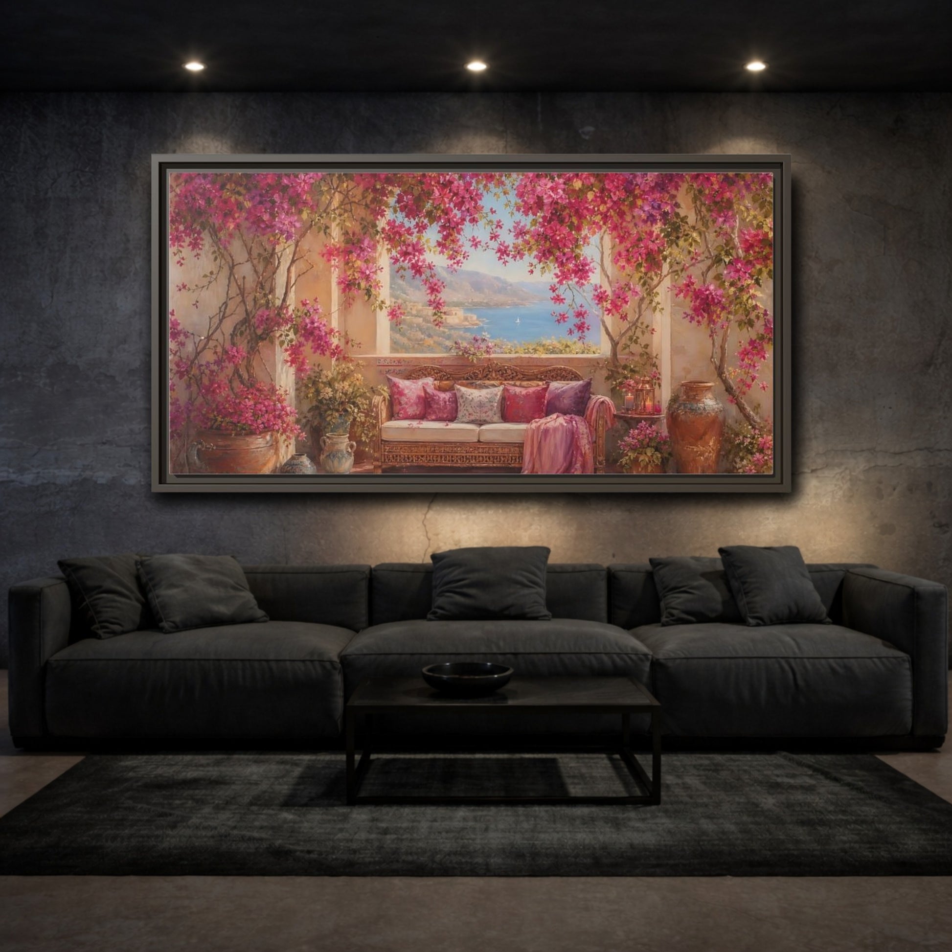 Mockup 3. Floral Bougainvillea Pink Bougainvillea shown as stretched canvas wall art