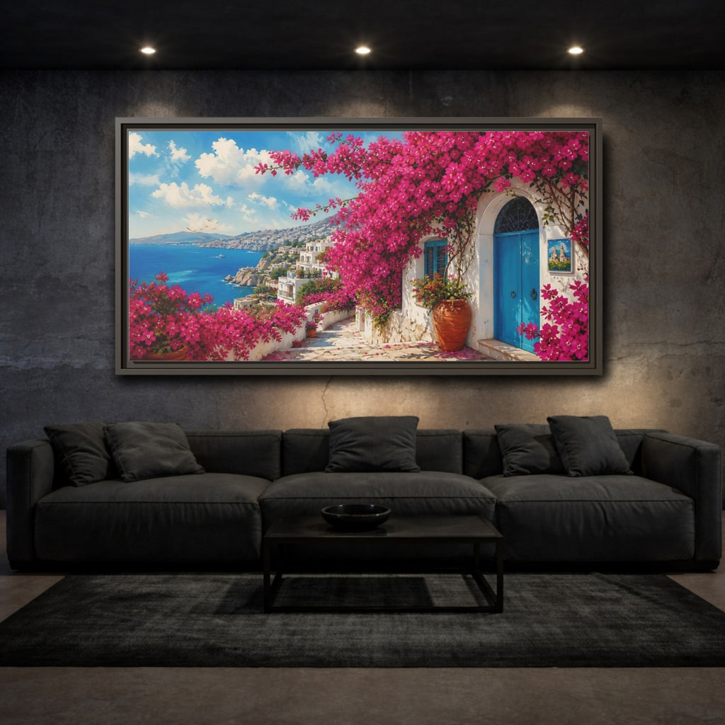 Mockup 3. Floral Bougainvillea Pink Bougainvillea shown as stretched canvas wall art