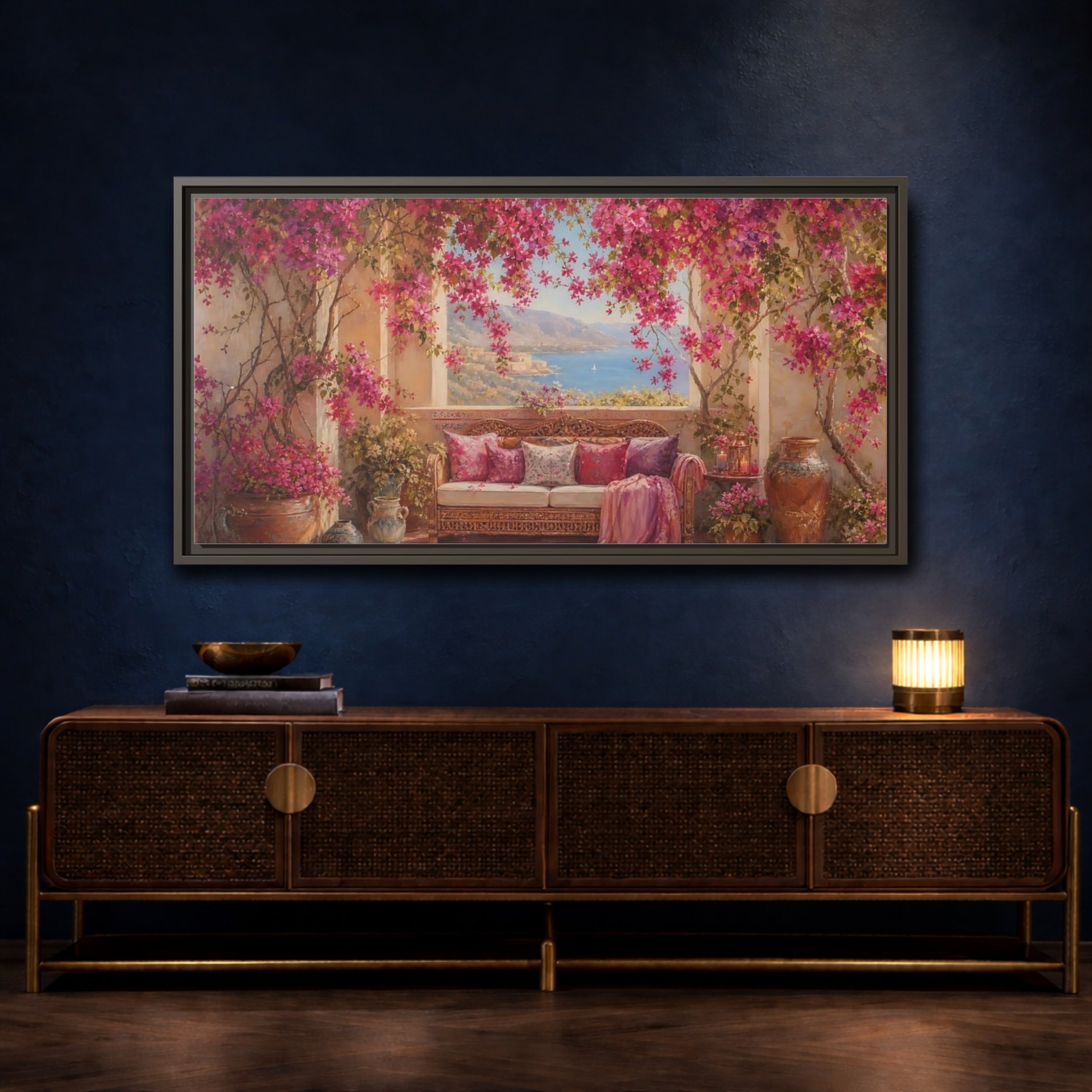 Mockup 4. Floral Bougainvillea Pink Bougainvillea shown as stretched canvas wall art