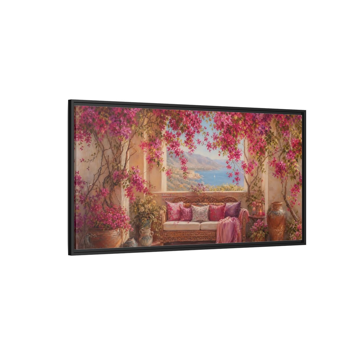 Side Mockup 5. Floral Bougainvillea Pink Bougainvillea shown as stretched canvas wall art