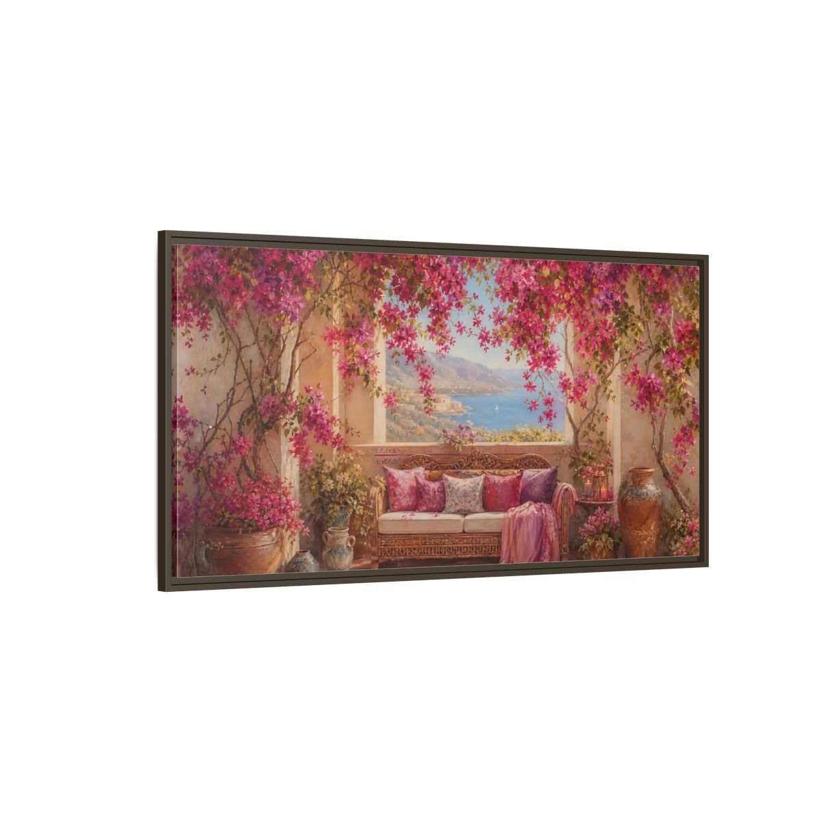 Side Mockup 4. Floral Bougainvillea Pink Bougainvillea shown as stretched canvas wall art