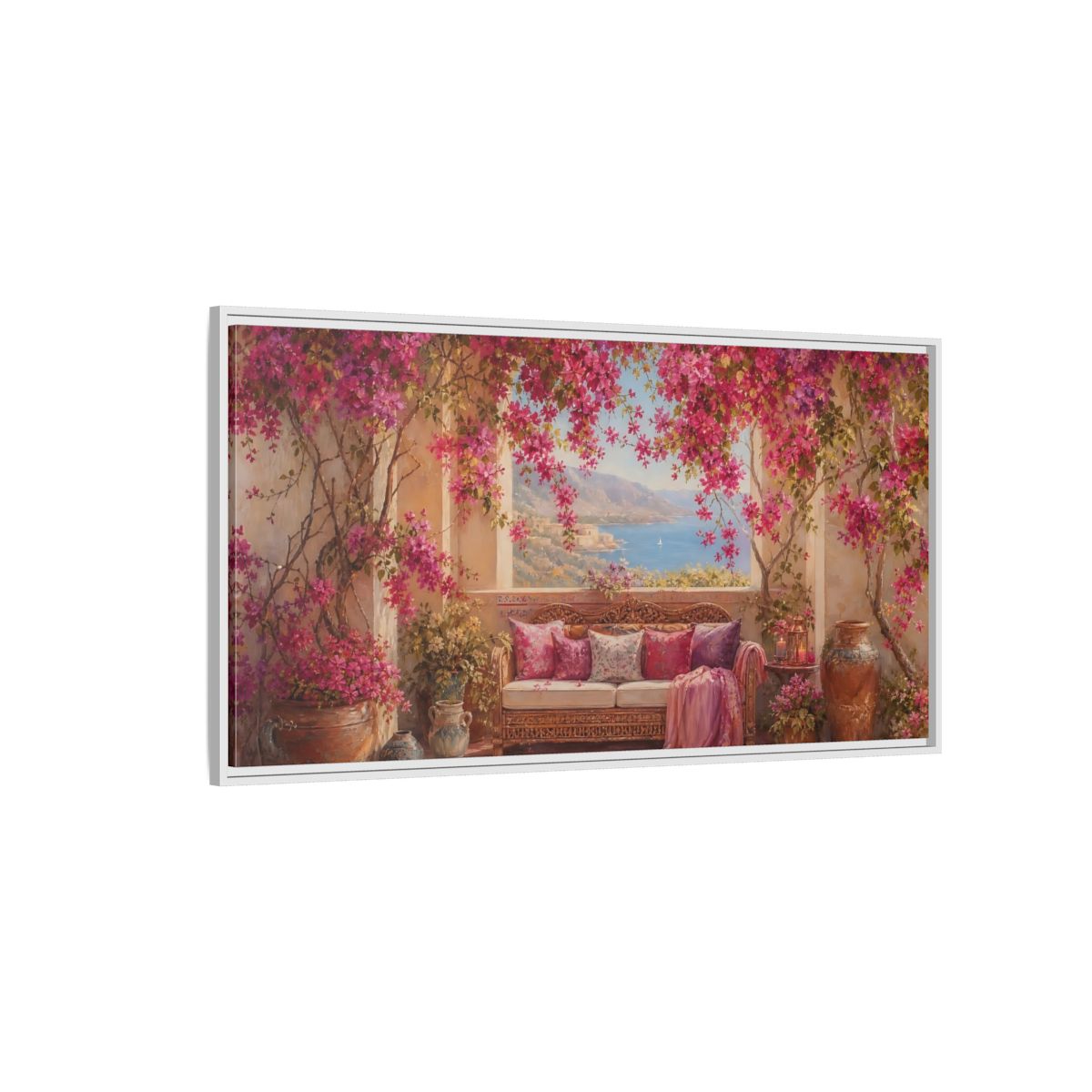 Side Mockup 3. Floral Bougainvillea Pink Bougainvillea shown as stretched canvas wall art