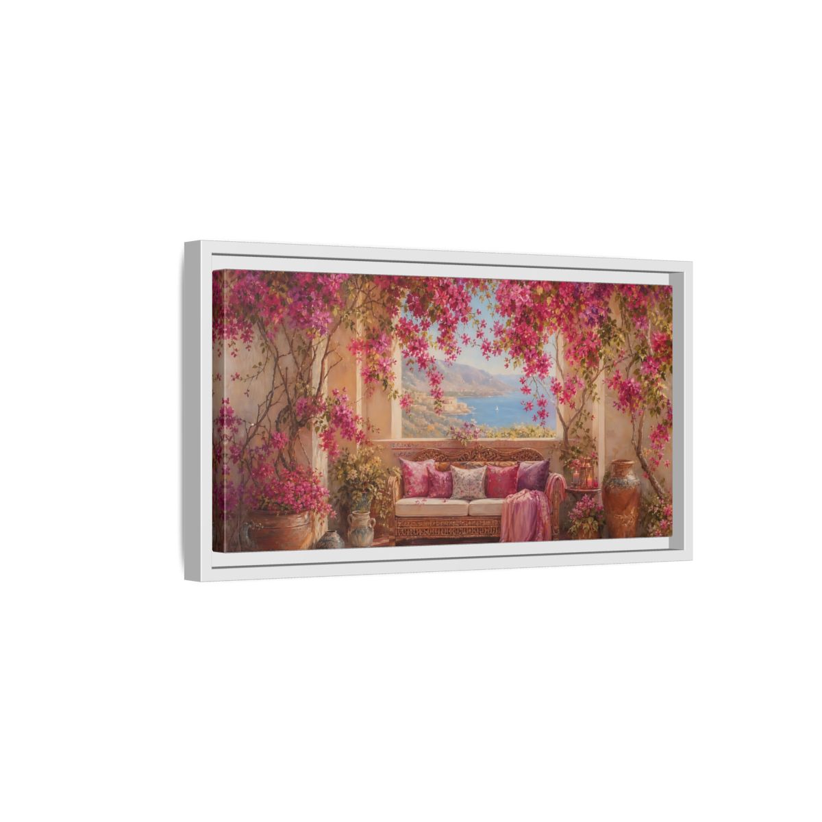 Side Mockup 6. Floral Bougainvillea Pink Bougainvillea shown as stretched canvas wall art