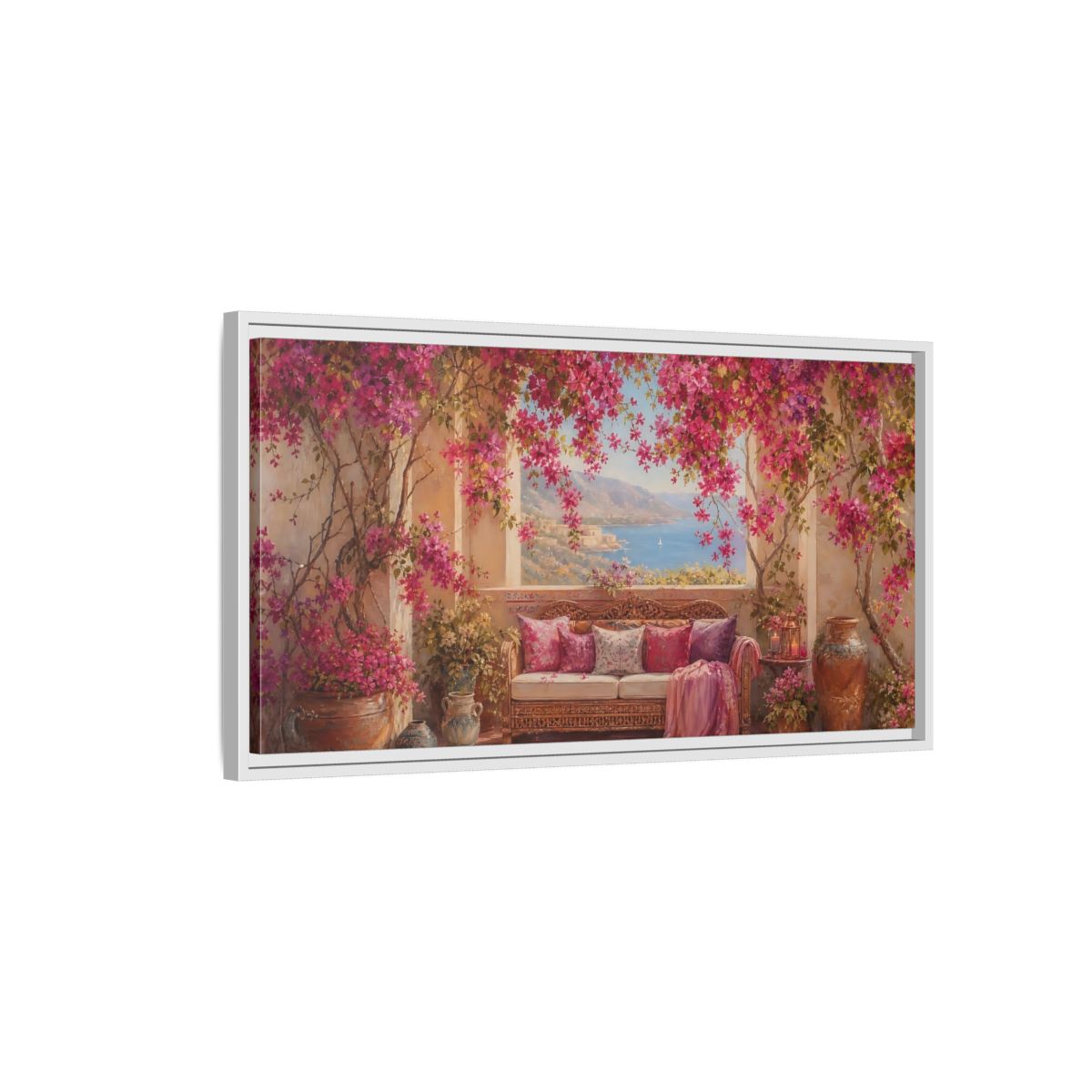Side Mockup 1. Floral Bougainvillea Pink Bougainvillea shown as stretched canvas wall art