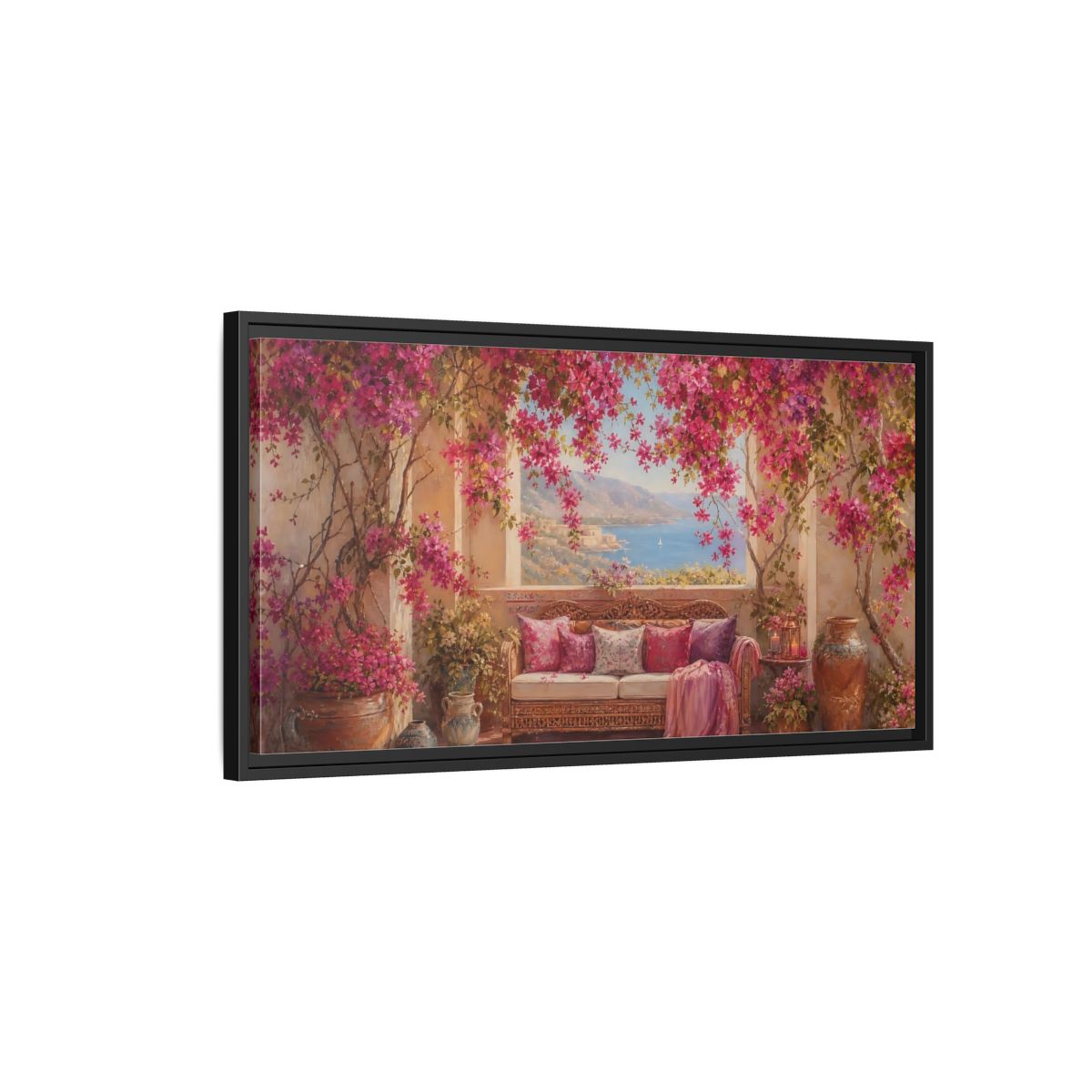 Side Mockup 2. Floral Bougainvillea Pink Bougainvillea shown as stretched canvas wall art