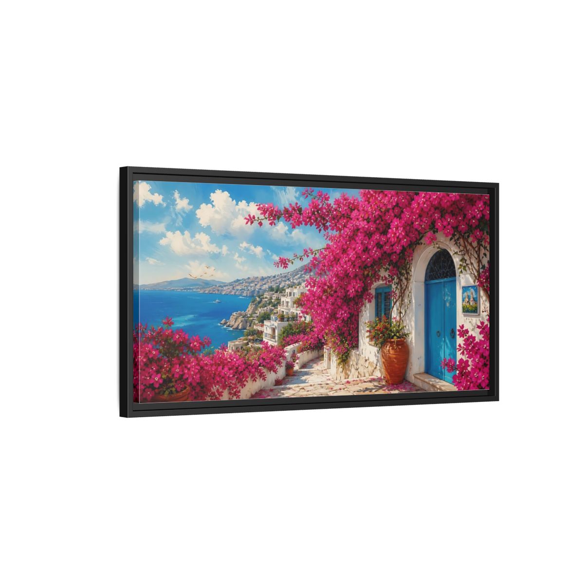 Side Mockup 2. Floral Bougainvillea Pink Bougainvillea shown as stretched canvas wall art