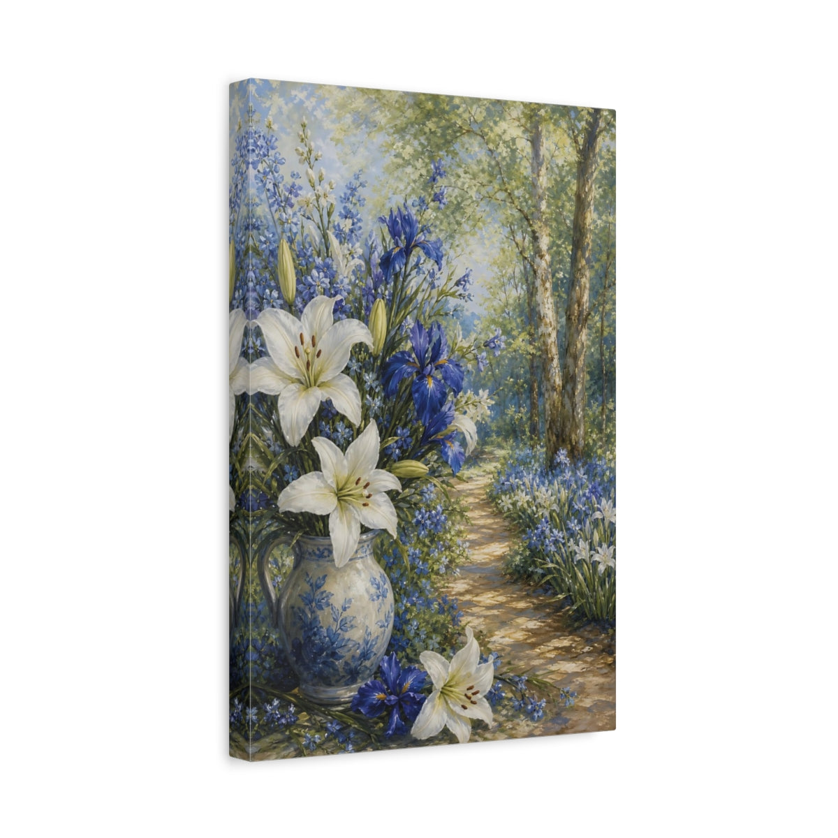 Side Mockup 4. Floral Floral Bouquet Blue And White Floral shown as stretched canvas wall art