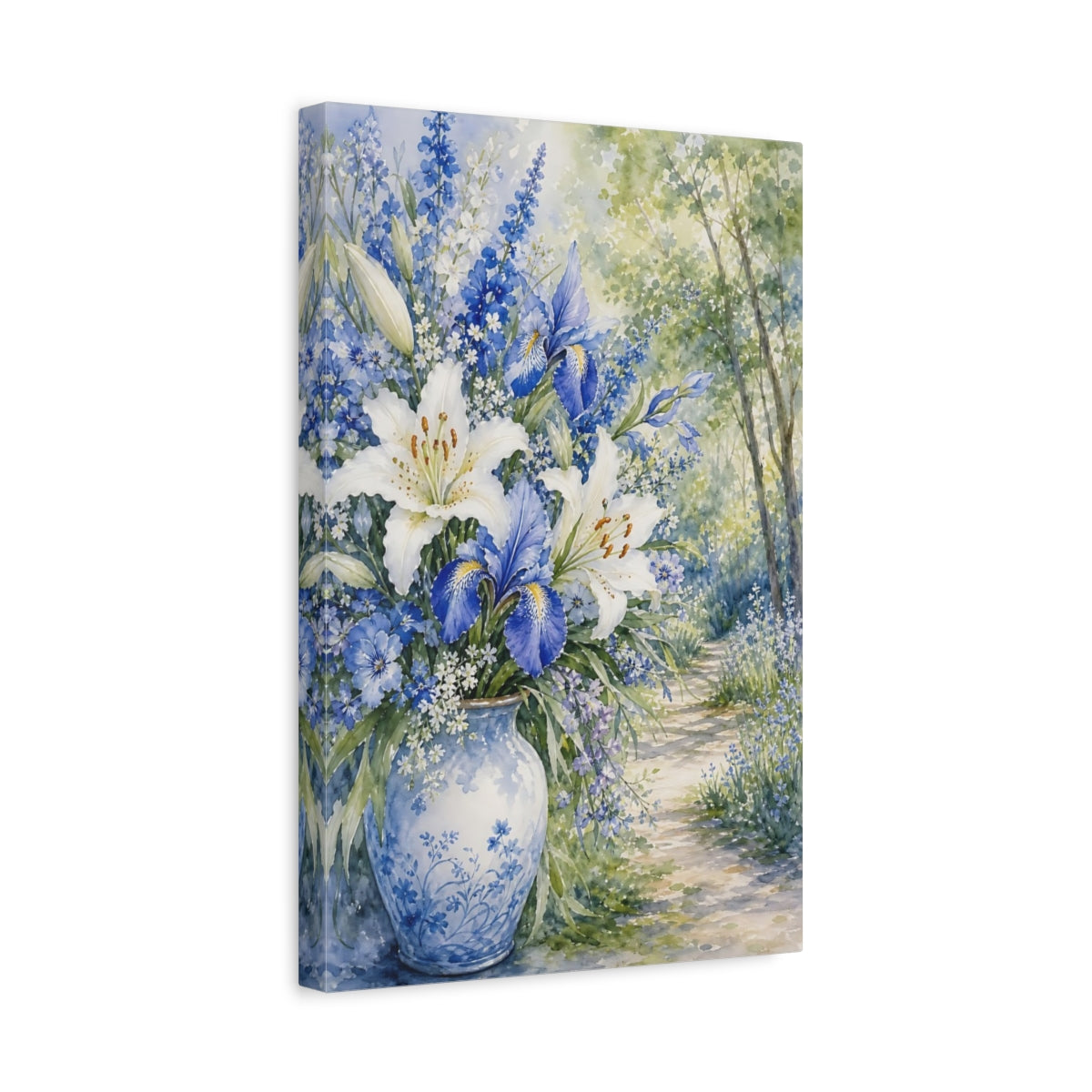 Side Mockup 4. Floral Floral Bouquet Blue White Floral shown as stretched canvas wall art
