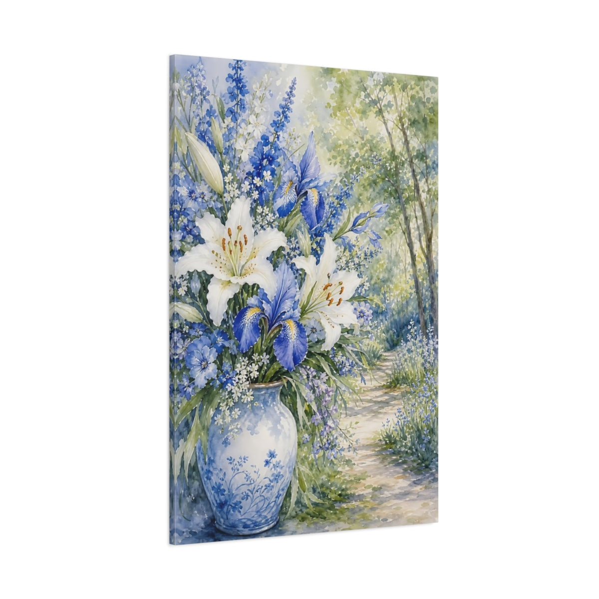 Side Mockup 1. Floral Floral Bouquet Blue White Floral shown as stretched canvas wall art