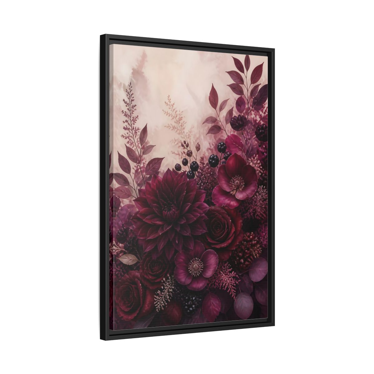 Side Mockup 14. Floral Floral Bouquet Burgundy Floral shown as stretched canvas wall art