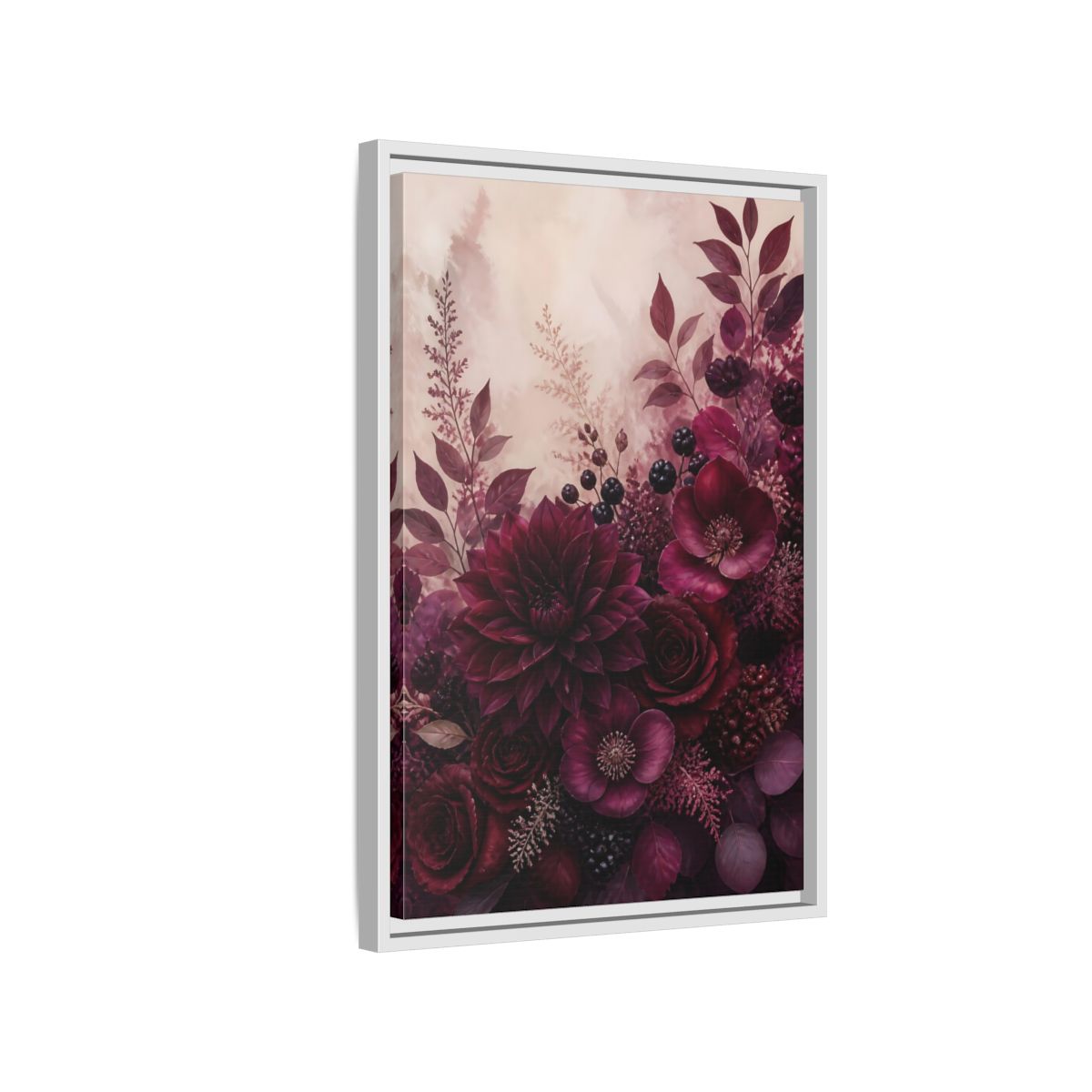 Side Mockup 1. Floral Floral Bouquet Burgundy Floral shown as stretched canvas wall art