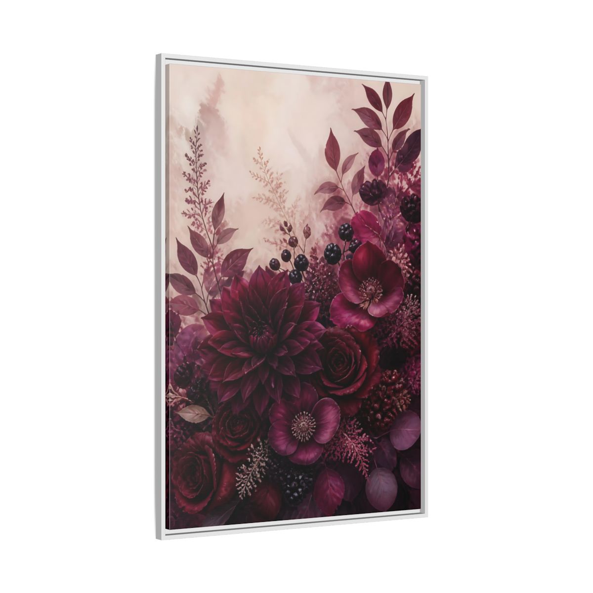 Side Mockup 7. Floral Floral Bouquet Burgundy Floral shown as stretched canvas wall art
