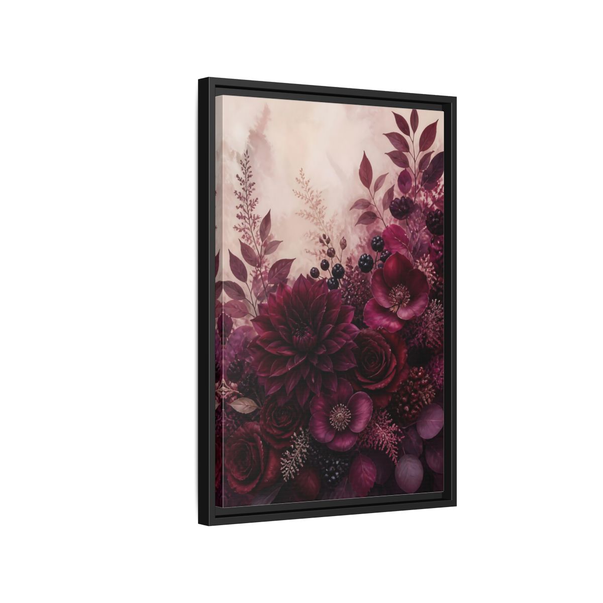 Side Mockup 3. Floral Floral Bouquet Burgundy Floral shown as stretched canvas wall art