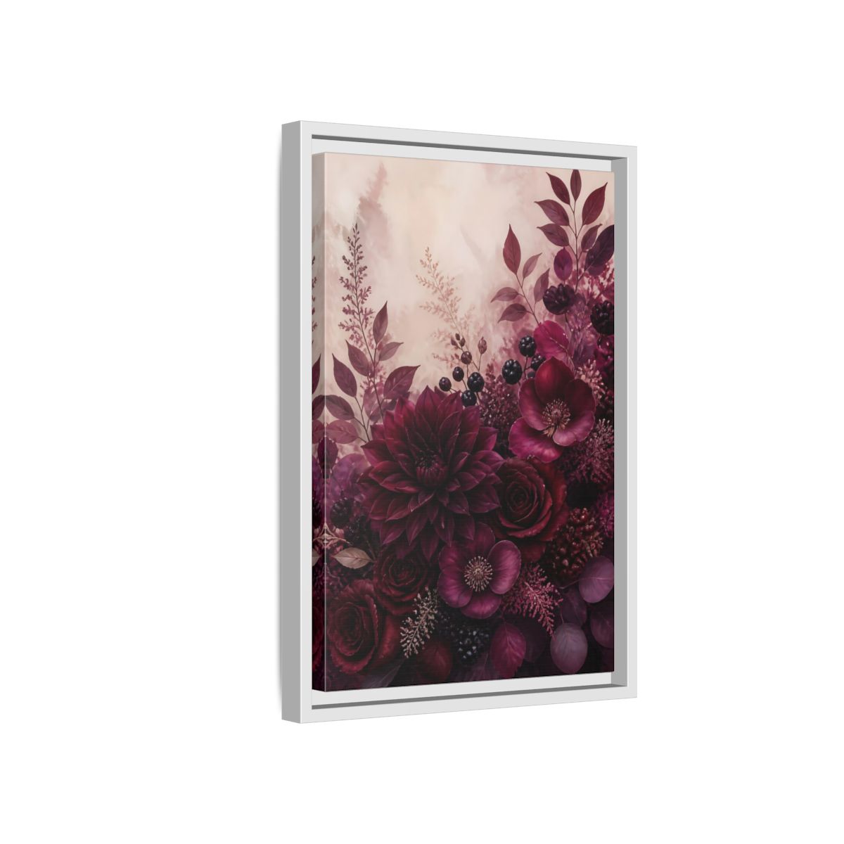Side Mockup 4. Floral Floral Bouquet Burgundy Floral shown as stretched canvas wall art
