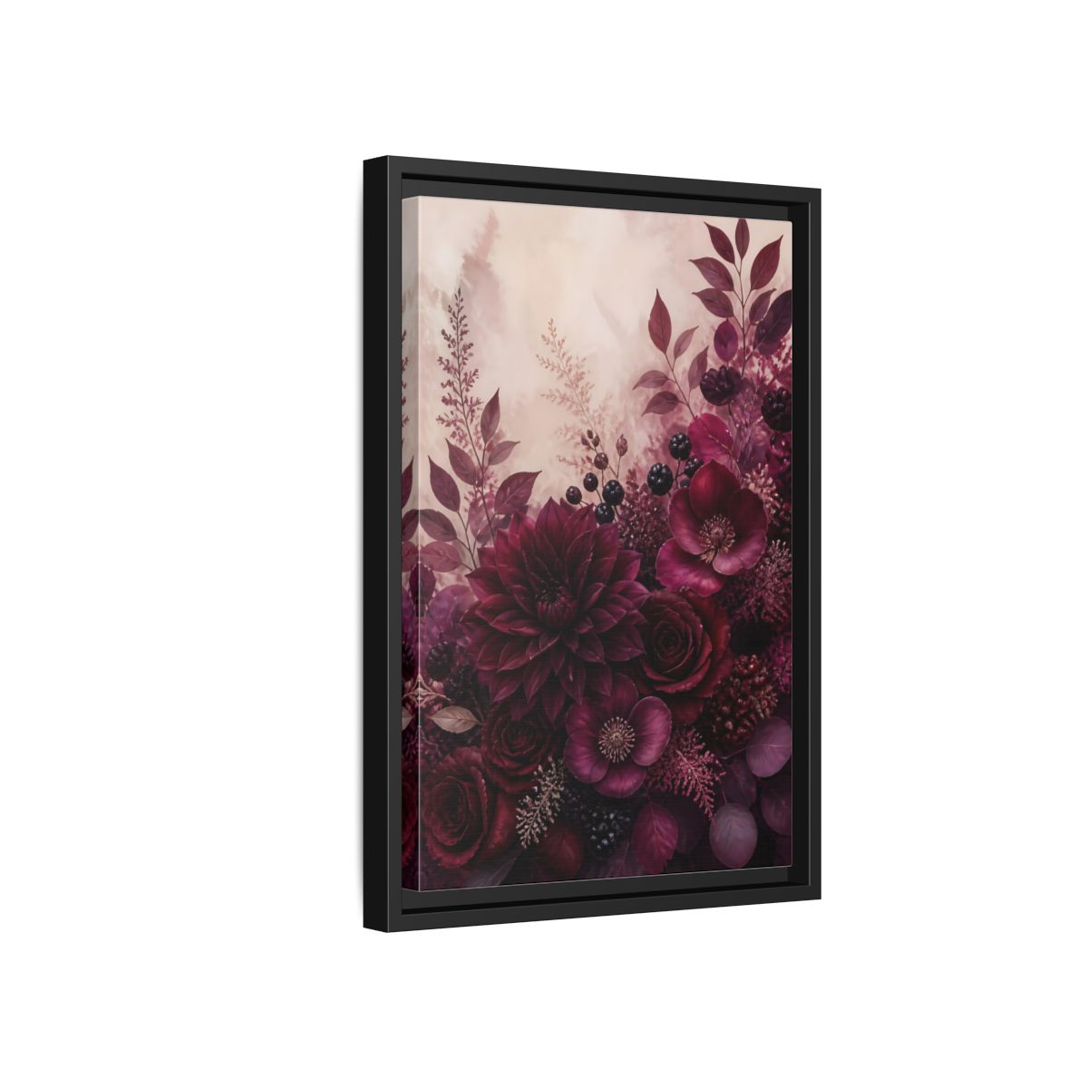 Side Mockup 6. Floral Floral Bouquet Burgundy Floral shown as stretched canvas wall art