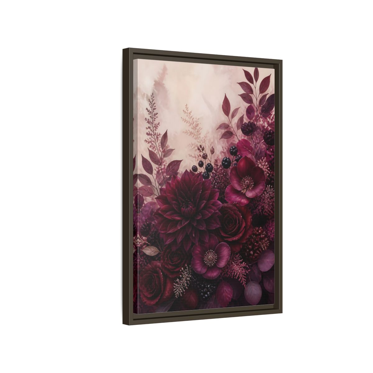 Side Mockup 2. Floral Floral Bouquet Burgundy Floral shown as stretched canvas wall art