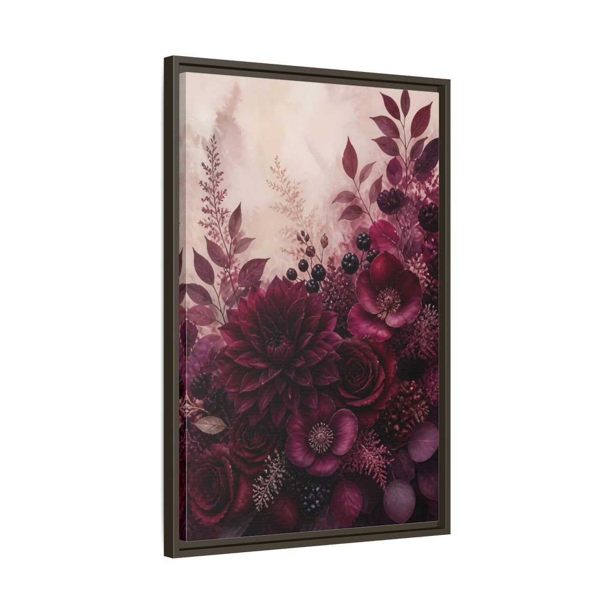 Side Mockup 11. Floral Floral Bouquet Burgundy Floral shown as stretched canvas wall art