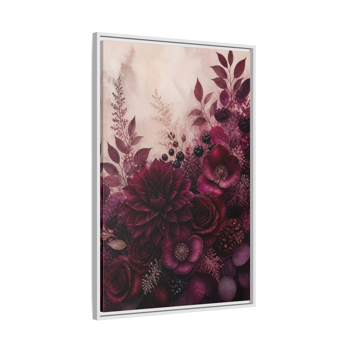Side Mockup 9. Floral Floral Bouquet Burgundy Floral shown as stretched canvas wall art