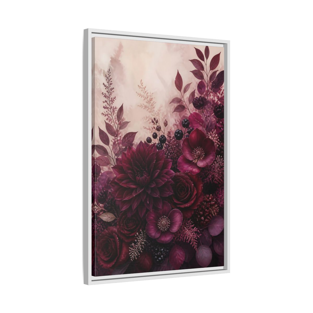 Side Mockup 10. Floral Floral Bouquet Burgundy Floral shown as stretched canvas wall art