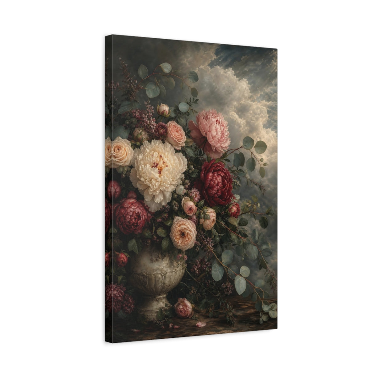 Side Mockup 3. Floral Floral Bouquet Dark Floral shown as stretched canvas wall art