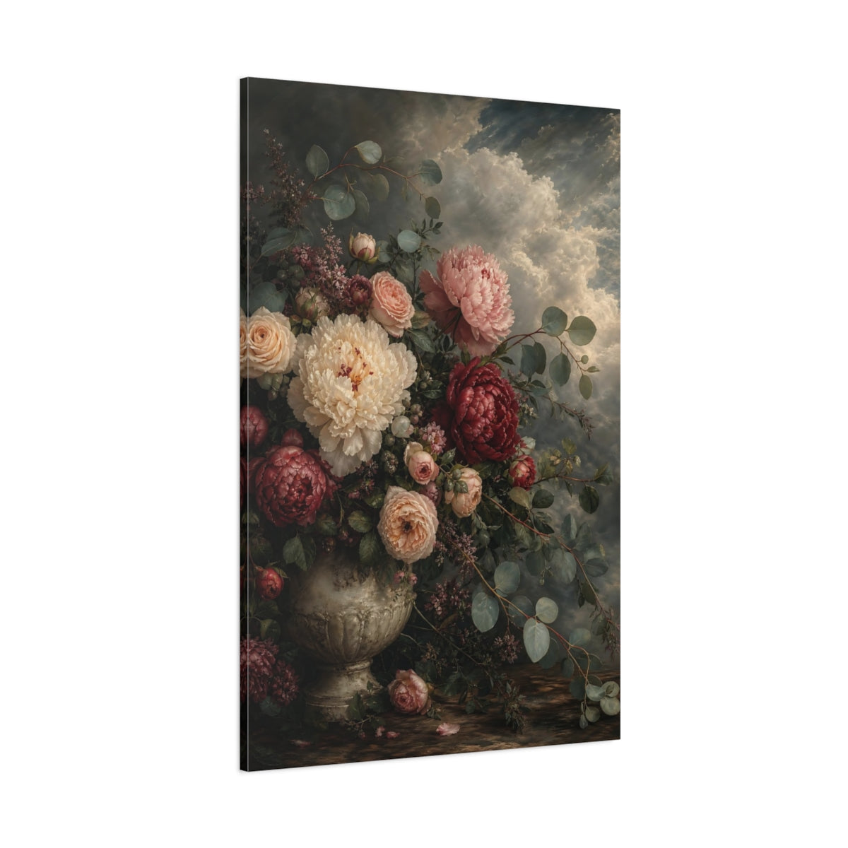 Side Mockup 1. Floral Floral Bouquet Dark Floral shown as stretched canvas wall art